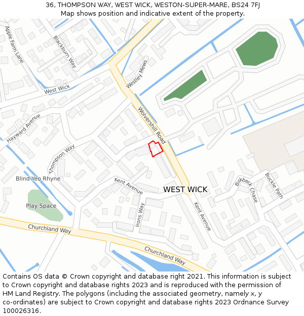 36, THOMPSON WAY, WEST WICK, WESTON-SUPER-MARE, BS24 7FJ: Location map and indicative extent of plot