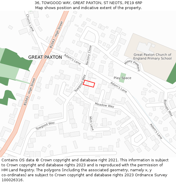 36, TOWGOOD WAY, GREAT PAXTON, ST NEOTS, PE19 6RP: Location map and indicative extent of plot