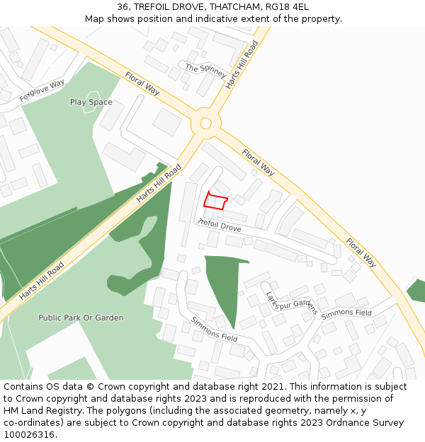 36, TREFOIL DROVE, THATCHAM, RG18 4EL: Location map and indicative extent of plot