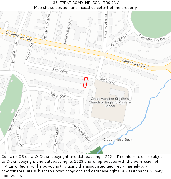 36, TRENT ROAD, NELSON, BB9 0NY: Location map and indicative extent of plot