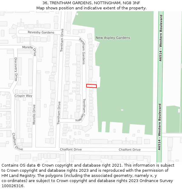 36, TRENTHAM GARDENS, NOTTINGHAM, NG8 3NF: Location map and indicative extent of plot