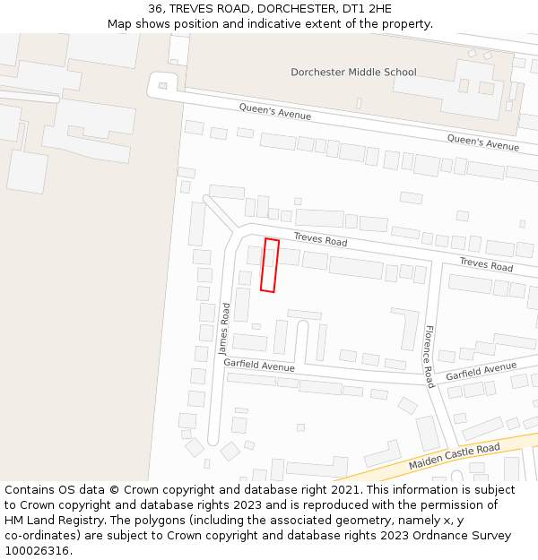 36, TREVES ROAD, DORCHESTER, DT1 2HE: Location map and indicative extent of plot