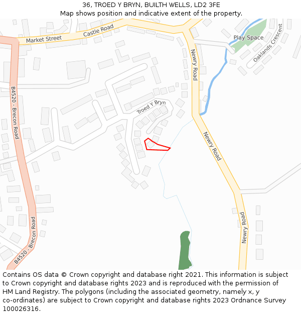 36, TROED Y BRYN, BUILTH WELLS, LD2 3FE: Location map and indicative extent of plot