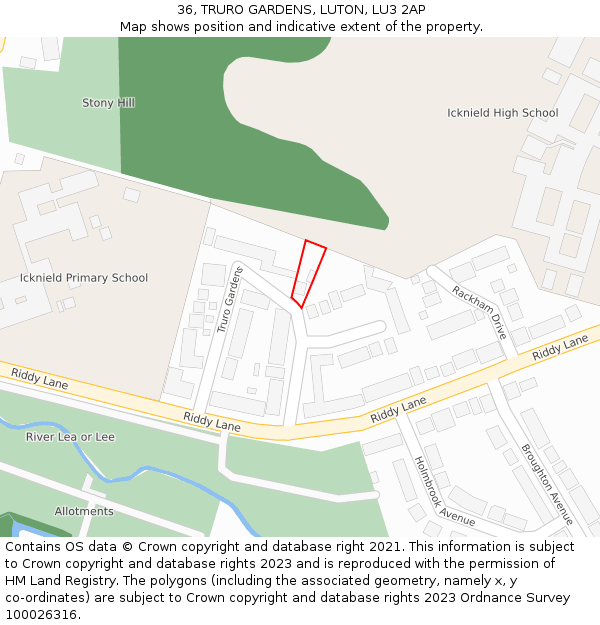 36, TRURO GARDENS, LUTON, LU3 2AP: Location map and indicative extent of plot