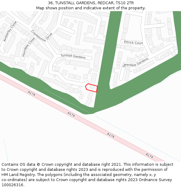 36, TUNSTALL GARDENS, REDCAR, TS10 2TR: Location map and indicative extent of plot