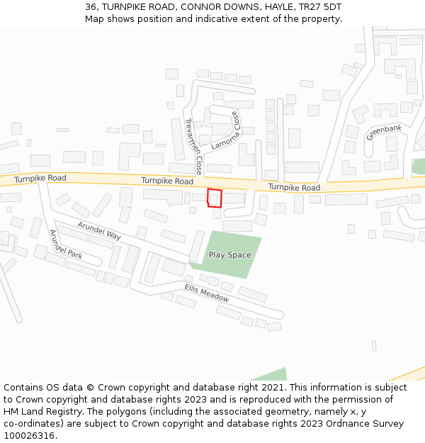 36, TURNPIKE ROAD, CONNOR DOWNS, HAYLE, TR27 5DT: Location map and indicative extent of plot