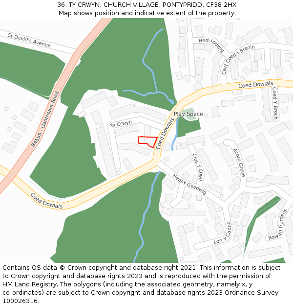 36, TY CRWYN, CHURCH VILLAGE, PONTYPRIDD, CF38 2HX: Location map and indicative extent of plot