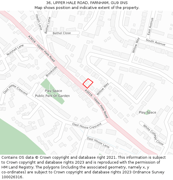 36, UPPER HALE ROAD, FARNHAM, GU9 0NS: Location map and indicative extent of plot