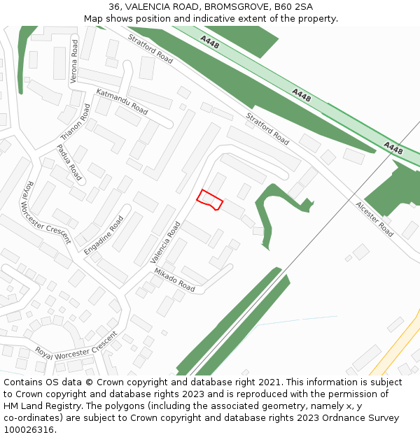 36, VALENCIA ROAD, BROMSGROVE, B60 2SA: Location map and indicative extent of plot