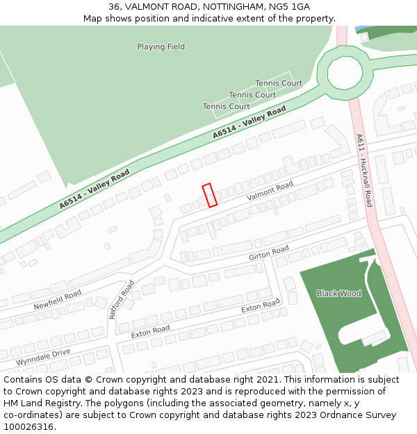 36, VALMONT ROAD, NOTTINGHAM, NG5 1GA: Location map and indicative extent of plot