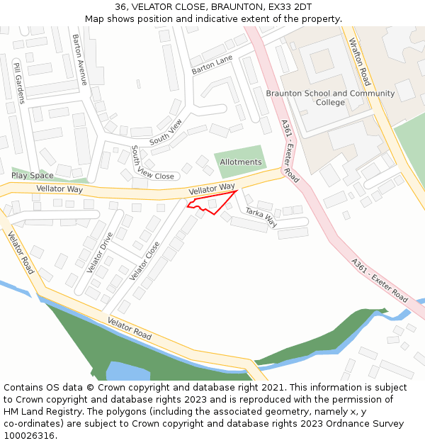 36, VELATOR CLOSE, BRAUNTON, EX33 2DT: Location map and indicative extent of plot