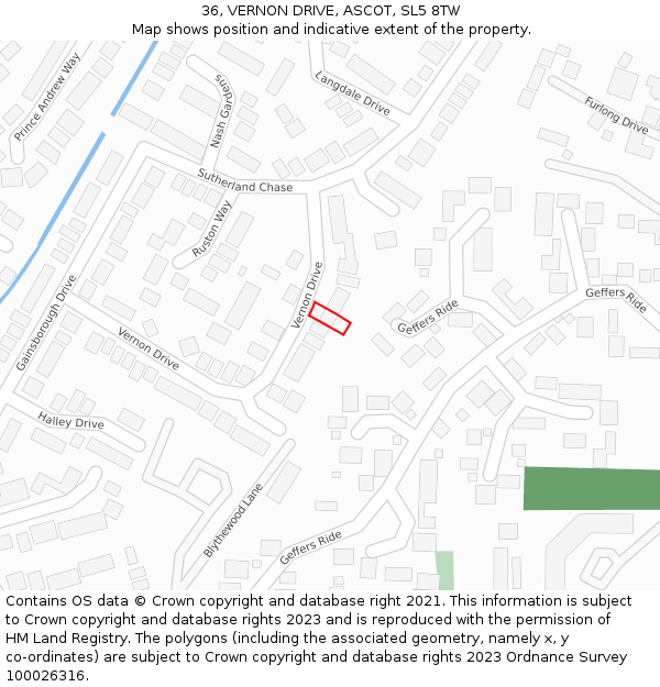 36, VERNON DRIVE, ASCOT, SL5 8TW: Location map and indicative extent of plot