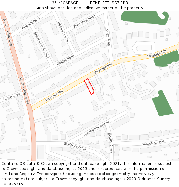 36, VICARAGE HILL, BENFLEET, SS7 1PB: Location map and indicative extent of plot