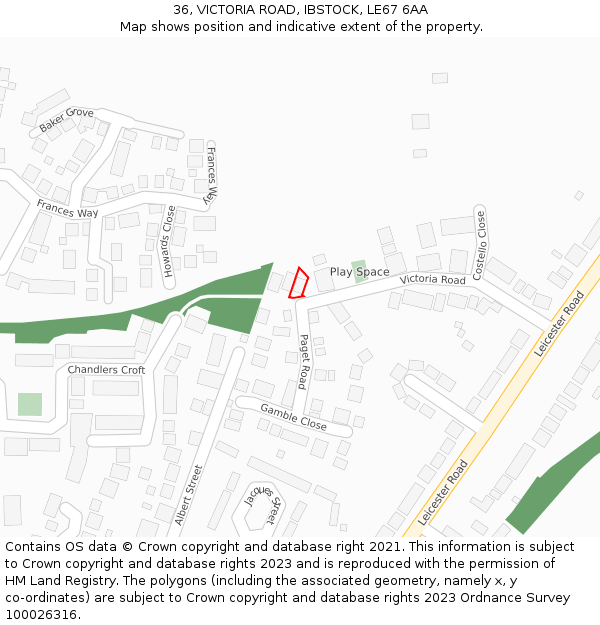 36, VICTORIA ROAD, IBSTOCK, LE67 6AA: Location map and indicative extent of plot