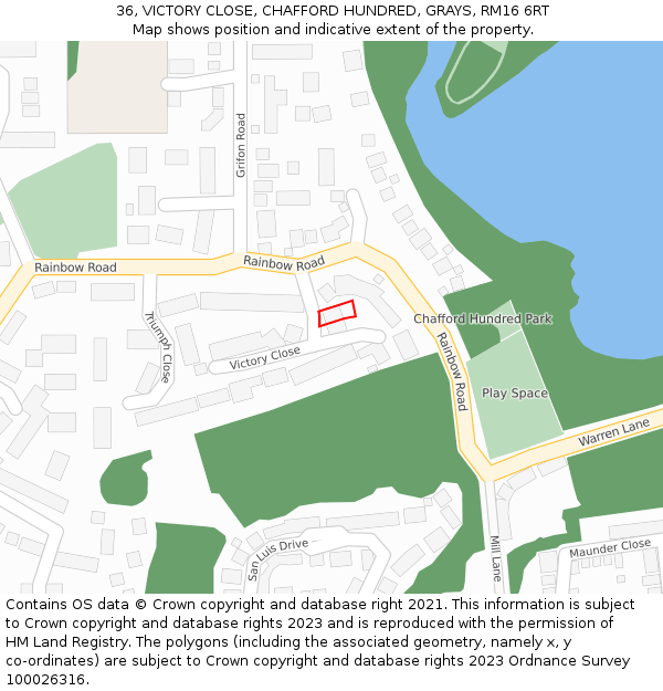 36, VICTORY CLOSE, CHAFFORD HUNDRED, GRAYS, RM16 6RT: Location map and indicative extent of plot