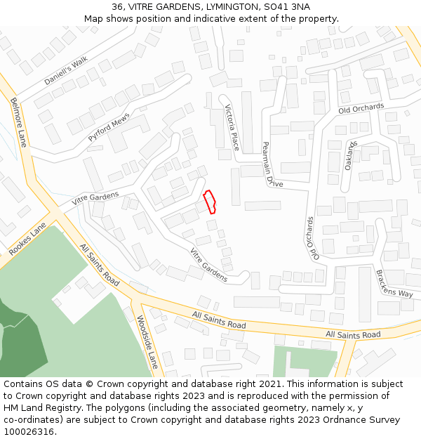 36, VITRE GARDENS, LYMINGTON, SO41 3NA: Location map and indicative extent of plot