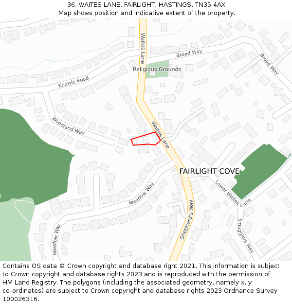 36, WAITES LANE, FAIRLIGHT, HASTINGS, TN35 4AX: Location map and indicative extent of plot