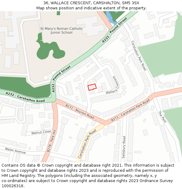 36, WALLACE CRESCENT, CARSHALTON, SM5 3SX: Location map and indicative extent of plot