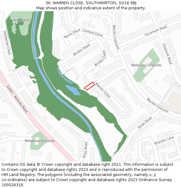 36, WARREN CLOSE, SOUTHAMPTON, SO16 6BJ: Location map and indicative extent of plot