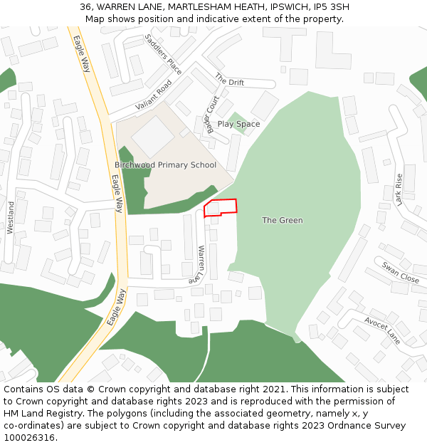 36, WARREN LANE, MARTLESHAM HEATH, IPSWICH, IP5 3SH: Location map and indicative extent of plot