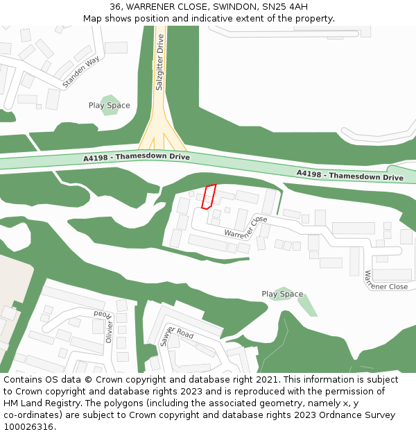 36, WARRENER CLOSE, SWINDON, SN25 4AH: Location map and indicative extent of plot