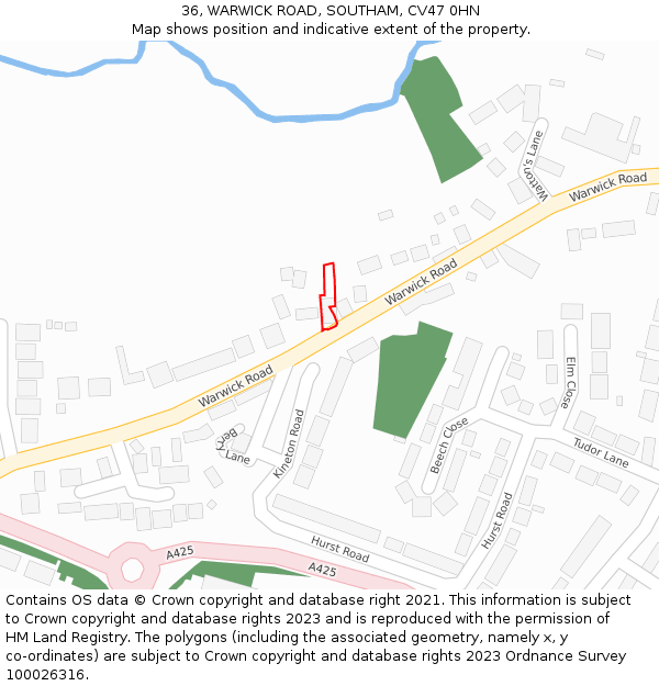 36, WARWICK ROAD, SOUTHAM, CV47 0HN: Location map and indicative extent of plot