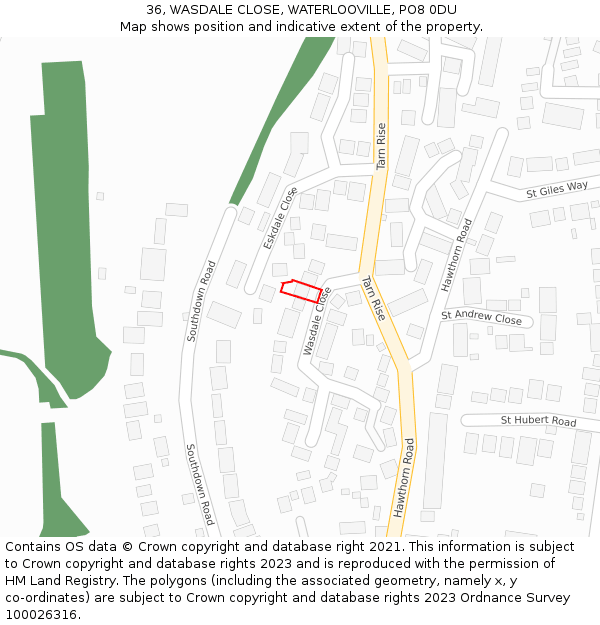 36, WASDALE CLOSE, WATERLOOVILLE, PO8 0DU: Location map and indicative extent of plot