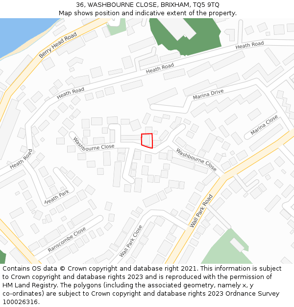 36, WASHBOURNE CLOSE, BRIXHAM, TQ5 9TQ: Location map and indicative extent of plot