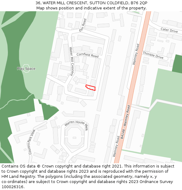 36, WATER MILL CRESCENT, SUTTON COLDFIELD, B76 2QP: Location map and indicative extent of plot