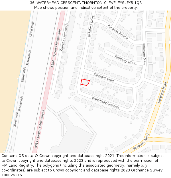 36, WATERHEAD CRESCENT, THORNTON-CLEVELEYS, FY5 1QR: Location map and indicative extent of plot