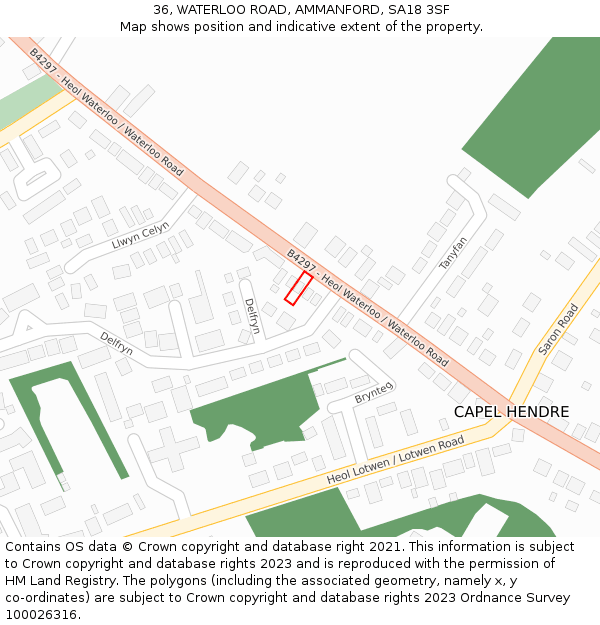 36, WATERLOO ROAD, AMMANFORD, SA18 3SF: Location map and indicative extent of plot