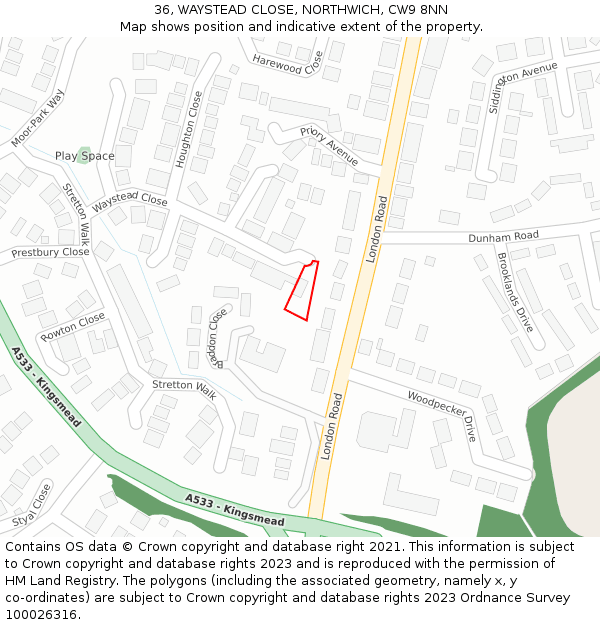 36, WAYSTEAD CLOSE, NORTHWICH, CW9 8NN: Location map and indicative extent of plot