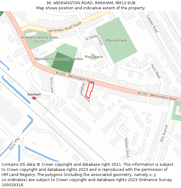 36, WENNINGTON ROAD, RAINHAM, RM13 9UB: Location map and indicative extent of plot