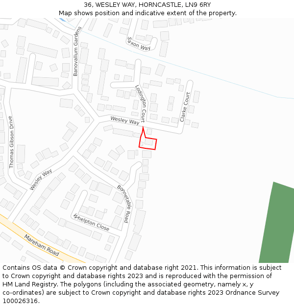 36, WESLEY WAY, HORNCASTLE, LN9 6RY: Location map and indicative extent of plot