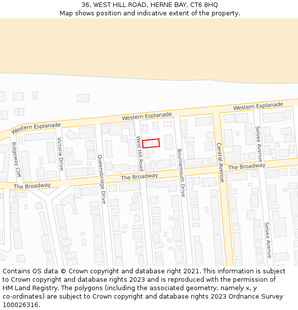 36, WEST HILL ROAD, HERNE BAY, CT6 8HQ: Location map and indicative extent of plot