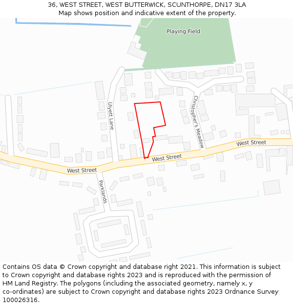 36, WEST STREET, WEST BUTTERWICK, SCUNTHORPE, DN17 3LA: Location map and indicative extent of plot