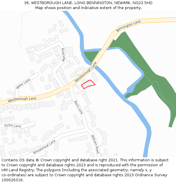 36, WESTBOROUGH LANE, LONG BENNINGTON, NEWARK, NG23 5HD: Location map and indicative extent of plot