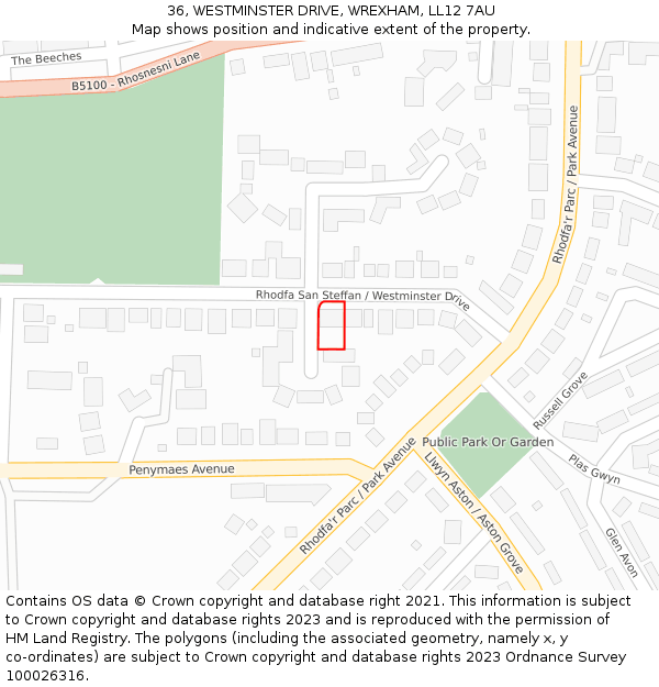 36, WESTMINSTER DRIVE, WREXHAM, LL12 7AU: Location map and indicative extent of plot