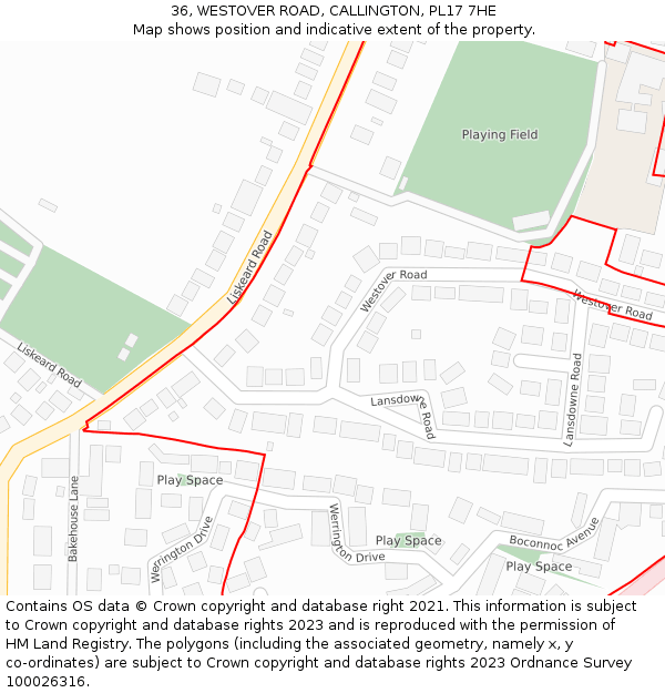 36, WESTOVER ROAD, CALLINGTON, PL17 7HE: Location map and indicative extent of plot