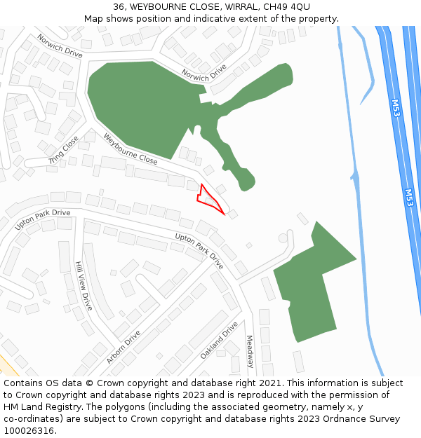 36, WEYBOURNE CLOSE, WIRRAL, CH49 4QU: Location map and indicative extent of plot