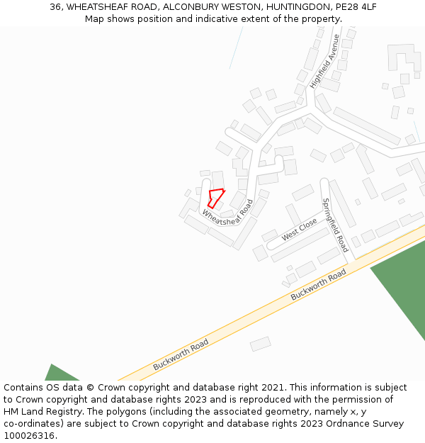 36, WHEATSHEAF ROAD, ALCONBURY WESTON, HUNTINGDON, PE28 4LF: Location map and indicative extent of plot