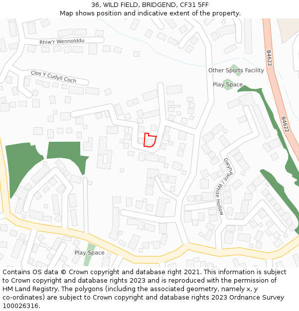 36, WILD FIELD, BRIDGEND, CF31 5FF: Location map and indicative extent of plot