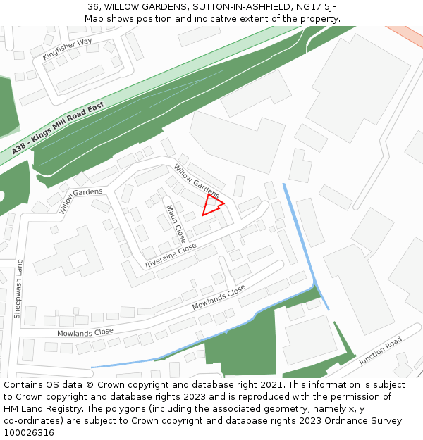 36, WILLOW GARDENS, SUTTON-IN-ASHFIELD, NG17 5JF: Location map and indicative extent of plot