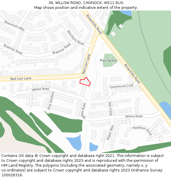 36, WILLOW ROAD, CANNOCK, WS11 9UG: Location map and indicative extent of plot
