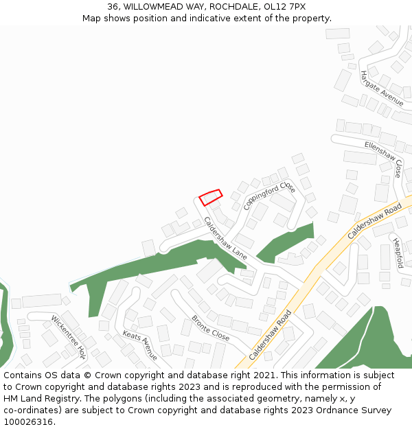 36, WILLOWMEAD WAY, ROCHDALE, OL12 7PX: Location map and indicative extent of plot