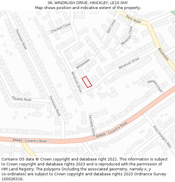 36, WINDRUSH DRIVE, HINCKLEY, LE10 0NY: Location map and indicative extent of plot