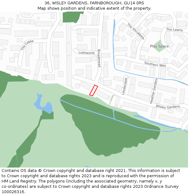 36, WISLEY GARDENS, FARNBOROUGH, GU14 0RS: Location map and indicative extent of plot