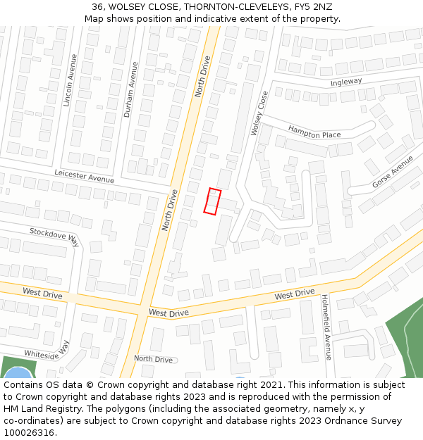 36, WOLSEY CLOSE, THORNTON-CLEVELEYS, FY5 2NZ: Location map and indicative extent of plot