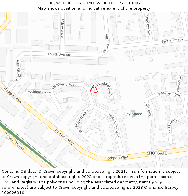 36, WOODBERRY ROAD, WICKFORD, SS11 8XG: Location map and indicative extent of plot