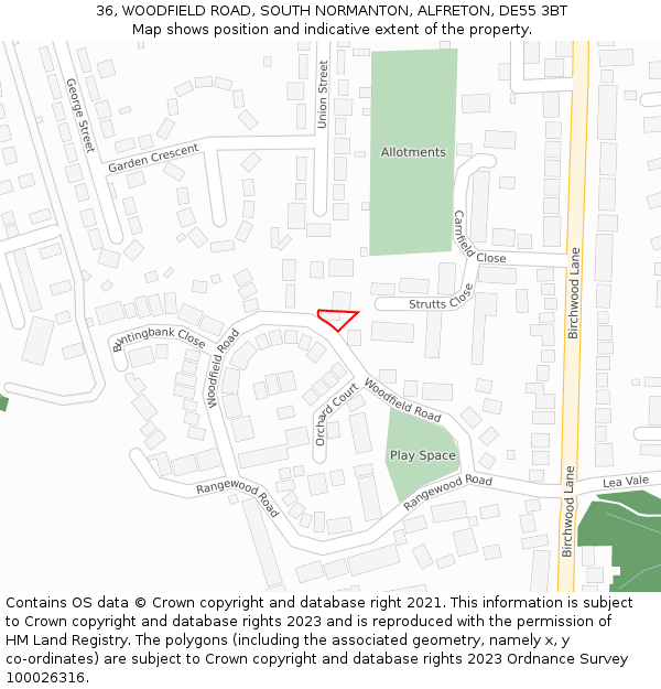 36, WOODFIELD ROAD, SOUTH NORMANTON, ALFRETON, DE55 3BT: Location map and indicative extent of plot